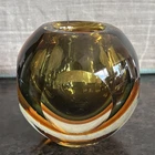 Vintage Murano Sommerso Art Glass Faceted Round Amber Blue Orange Vase Or Votive