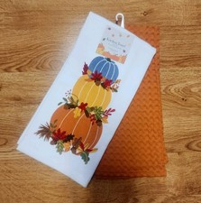 AUTUMN FALL KITCHEN TOWELS SET OF 2 PUMPKINS RUST WAFFLE 100 COTTON NWT.