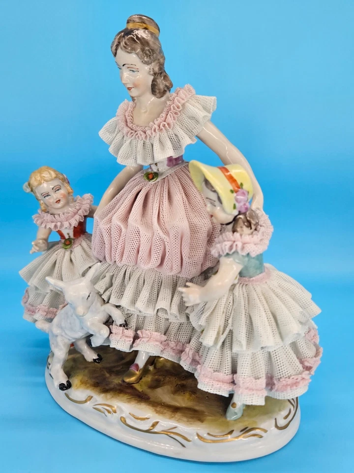 Antique Willi Rittirsch German Dresden Porcelain Lace Figural Group w/ Goat Kids - Image 4 of 4