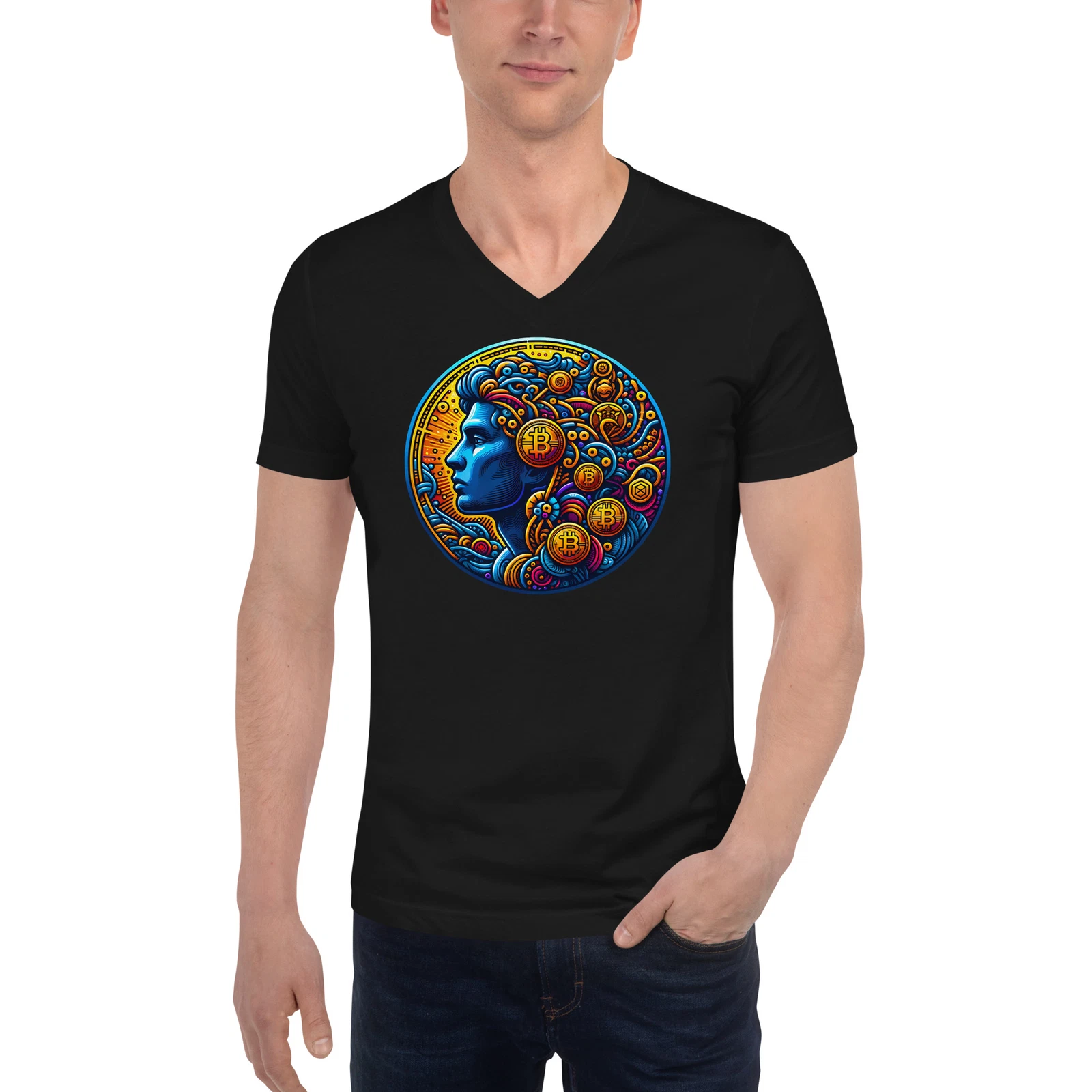 Digital Asset Bitcoin BTC Crypto Coin Token Short Sleeve V-Neck T-Shirt