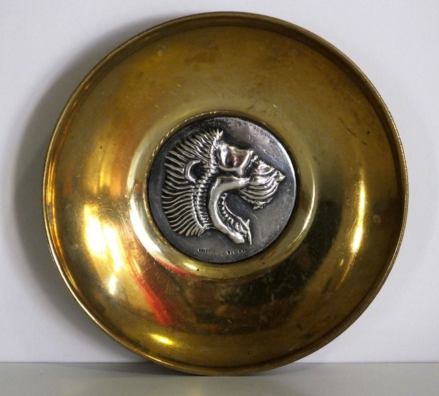 Vintage ILIAS LALAOUNIS Brass Plate Tray / Coin Silver 900 Inlay LION'S