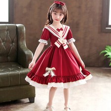 Kids Lolita Dress Girl Cute Princess Costume Bow Lace Sailor Collar Ruffle Dress