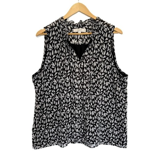 LOFT Heart Print Sleeveless Blouse Size XL Drawstring Ruffle Split Neck Pintuck