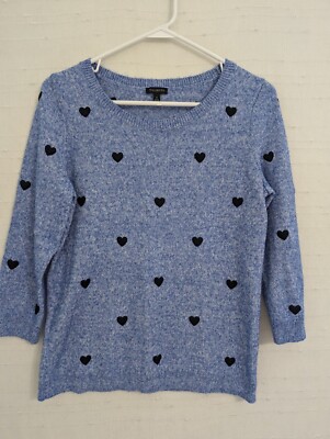 Talbots Sweater S blue and black embroidered hearts 3/4 sleeves