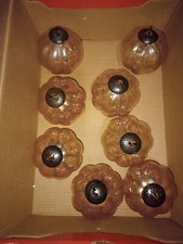 Vintage Kugel Style Set Of 8 Round Ribbed Amber Mercury Glass Ornaments