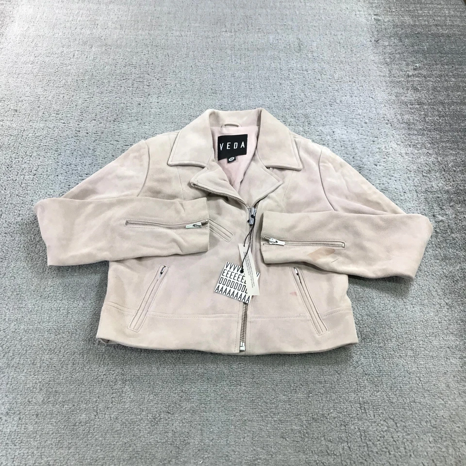 Chaqueta de Cuero Veda Para Mujer Mediana Clásica Cuero Moto Chaqueta Rosa Gamuza Cabra Foto 2 de 4