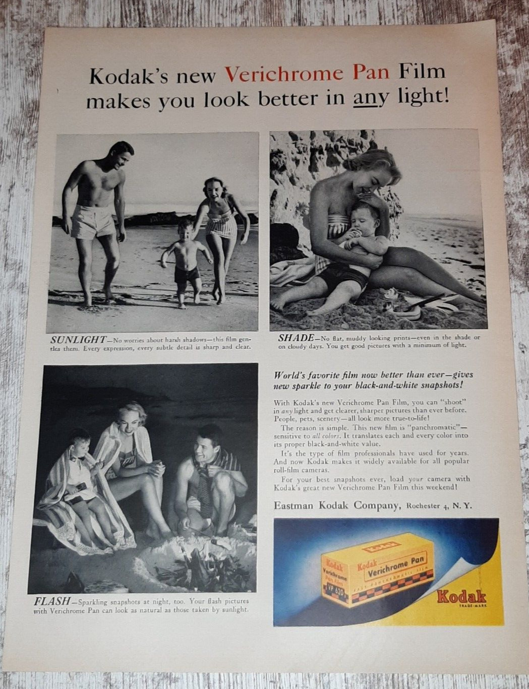 1956 Kodak Vintage Print Ad Film Camera Verichrome Family Beach Sun Shade Fire