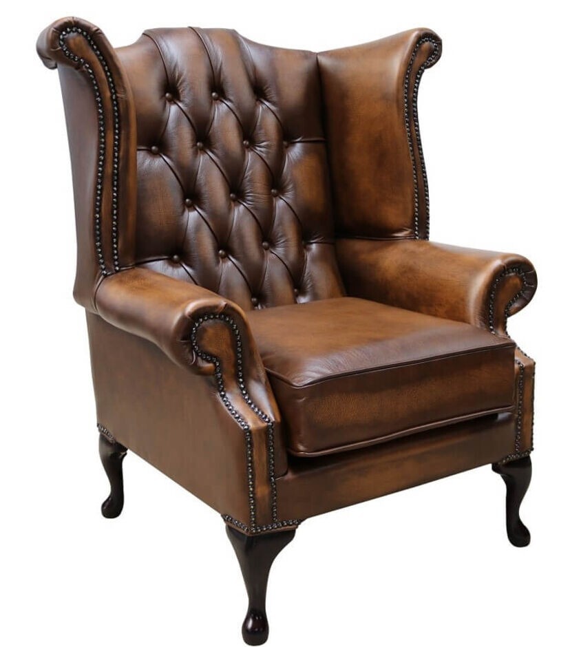 New Chesterfield Queen Anne High Back Wing Armchair Real Leather Tan eBay