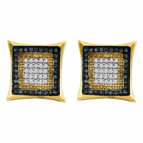 10k Yellow Gold Mens Blue Treated Diamond Square Cluster Earrings - Photo 1/1