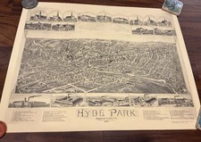 Vintage Hyde Park MA Bird's Eye View Map 1889, Historical Society, 1987