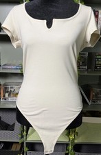 American Eagle Women's Beige Ribbed Short Sleeve Bodysuit, Size L Regular