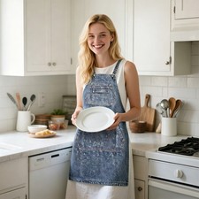 Washed Denim Apron with Pockets Cotton Work Apron for Stylist Gardening Baking