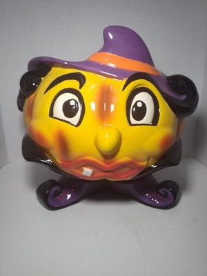 Vintage Halloween Witch Head Candy Jar Bowl Footed Ceramic Purple Hat 12  Décor