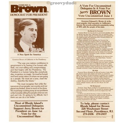 Jerry Brown 1976 President Rhode Island Democrat Primary Campaign Photo Handbill