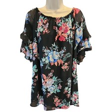 Made in USA coquette 1X Flutter Sleeve chiffon floral EUC tunic top cottagecore