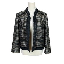 Chico's Sz 1 US 8 Royal Tweed Black Gold Metallic Fringe Trim Open Jacket Blazer