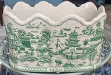 HAND PAINTED GREEN WILLOW OVAL PORCELAIN PLANTER WITH SCALLOP TOP- 12'' X 7''H