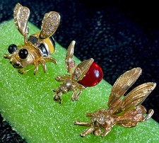 Set of 3 Vintage Bumblebee Trembler Pins Rhinestone & Enamel