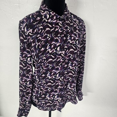 Psychedelic Blouse Sz S Kathy Ireland Purple Abstract Floral Shirt Top Women's