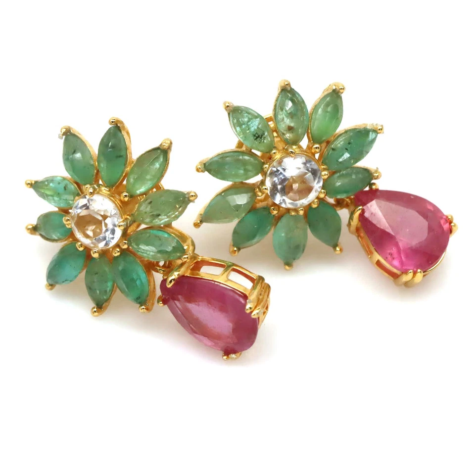 Thailändische Handgemachte 8 X 10 Mm. Rosa Rubin, Topas & Smaragd Ohrringe - Bild 2 von 4