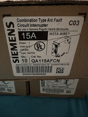 Siemens QA115AFCN.  10 PACK. 15A Arc Fault Circuit Breaker. 1 Pole. NEW IN BOX
