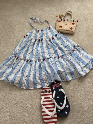 Tommy Bahama Girls Size 6 Blue/White/Red Striped Sundress Pom-Pom Trim