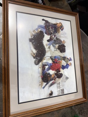 Robert Duncan Celebration Print Double Matted Oak Framed Winter Children 21 x17 