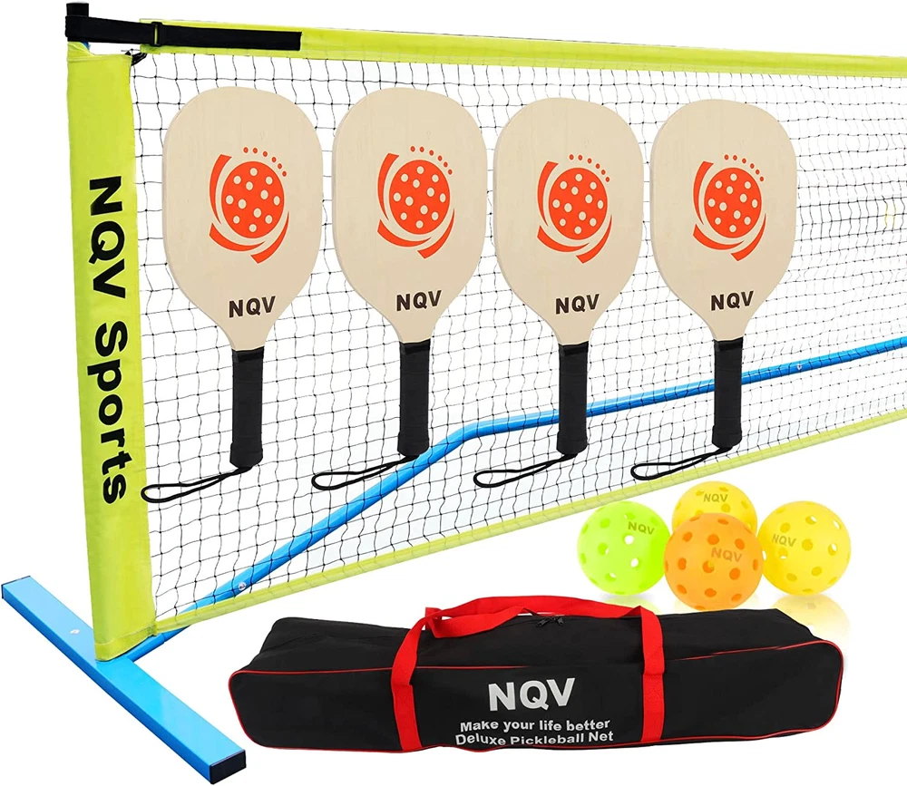 Pickleball Set with Net, 4 Wood Paddles, 22FT Net, 4 Balls, 1 Bag, 2 Chalks, Yel
