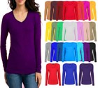 LADIES WOMANS BASIC LONG SLEEVE PLAIN V NECK STRETCH TOP T SHIRT PLUS SIZE