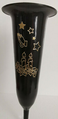 Friedhofsvase, Grabvase, schwarz mit Spitze und goldenem Motiv, 28,5 cm