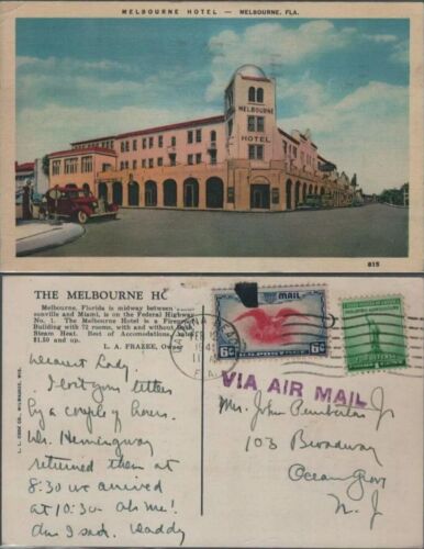 Daytona Beach Florida US Airmail Cover to Ocean Grove NJ 1941 Melbourne Hotel