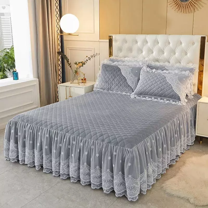 3x Flower Lace Ruffle Bed Skirt Quilted Fitted Sheet Bedcovers Pillowcase Modern