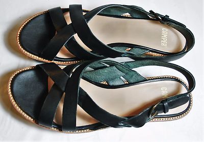 Run様 CAMPER SHOES DAMAS WEDGE SANDALS BLACK LEATHER PLATFORM SLINGBACK