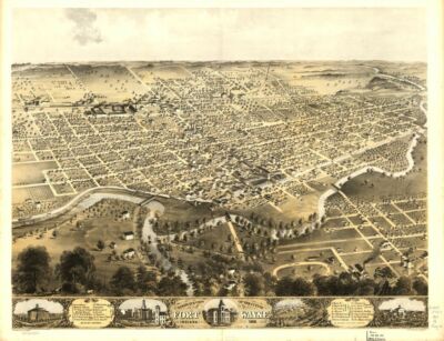 18'' x 24'' 1868 birds eye map of city of Fort Wayne, Indiana