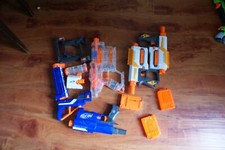 Nerf gun lot used guns 4 small guns 6 attachments 3 magazines