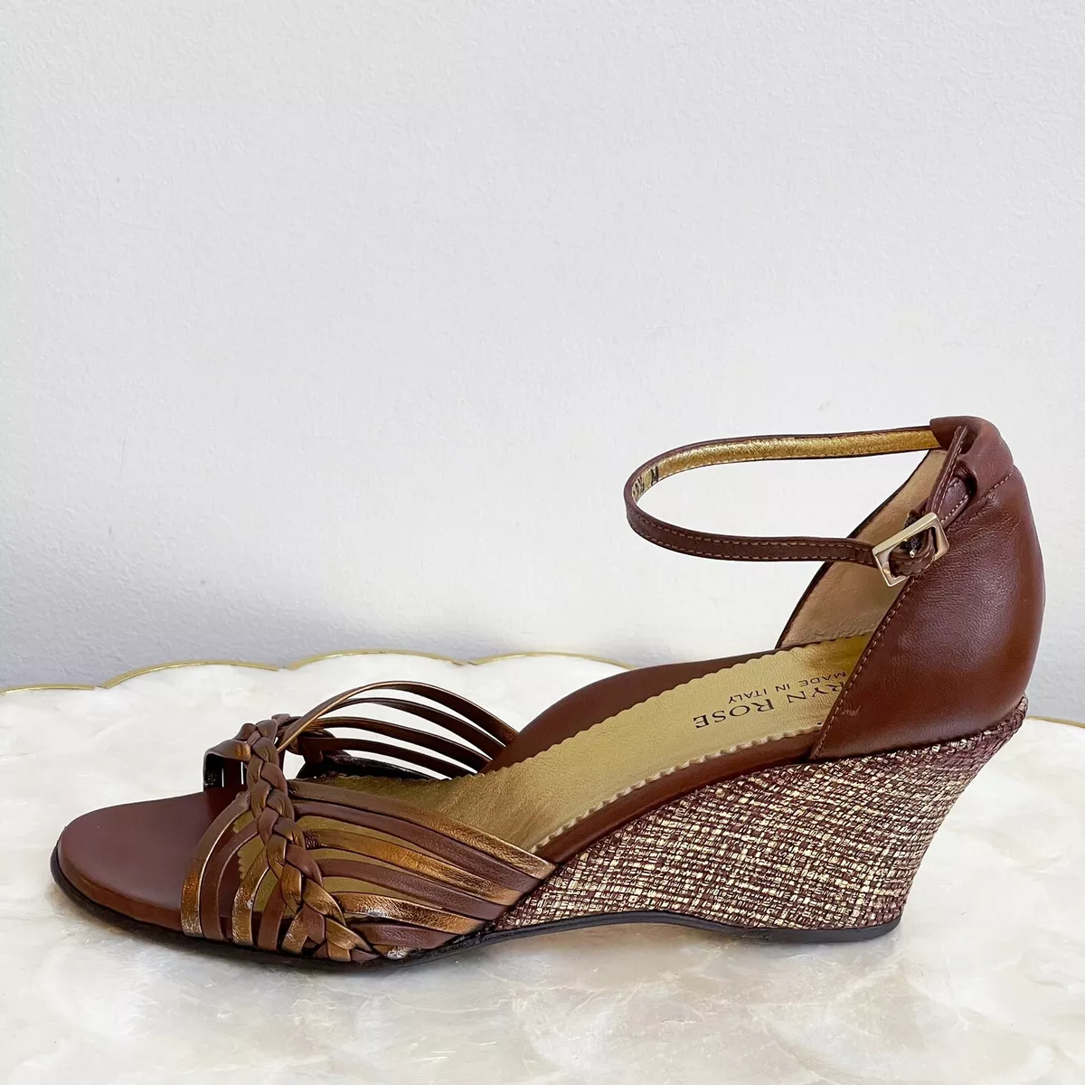 Taryn Rose 8 8.5 Leather Brown Bronze Gold Open Toe Strap Wedge