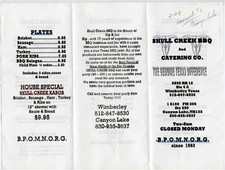 Skull Creek BBQ Menu Wimberley & Canton Creek Texas 2004