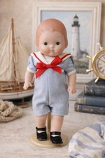 Vintage 9” Sailor Boy Doll Hard Plastic Blue Outfit Red Bow w Stand 
