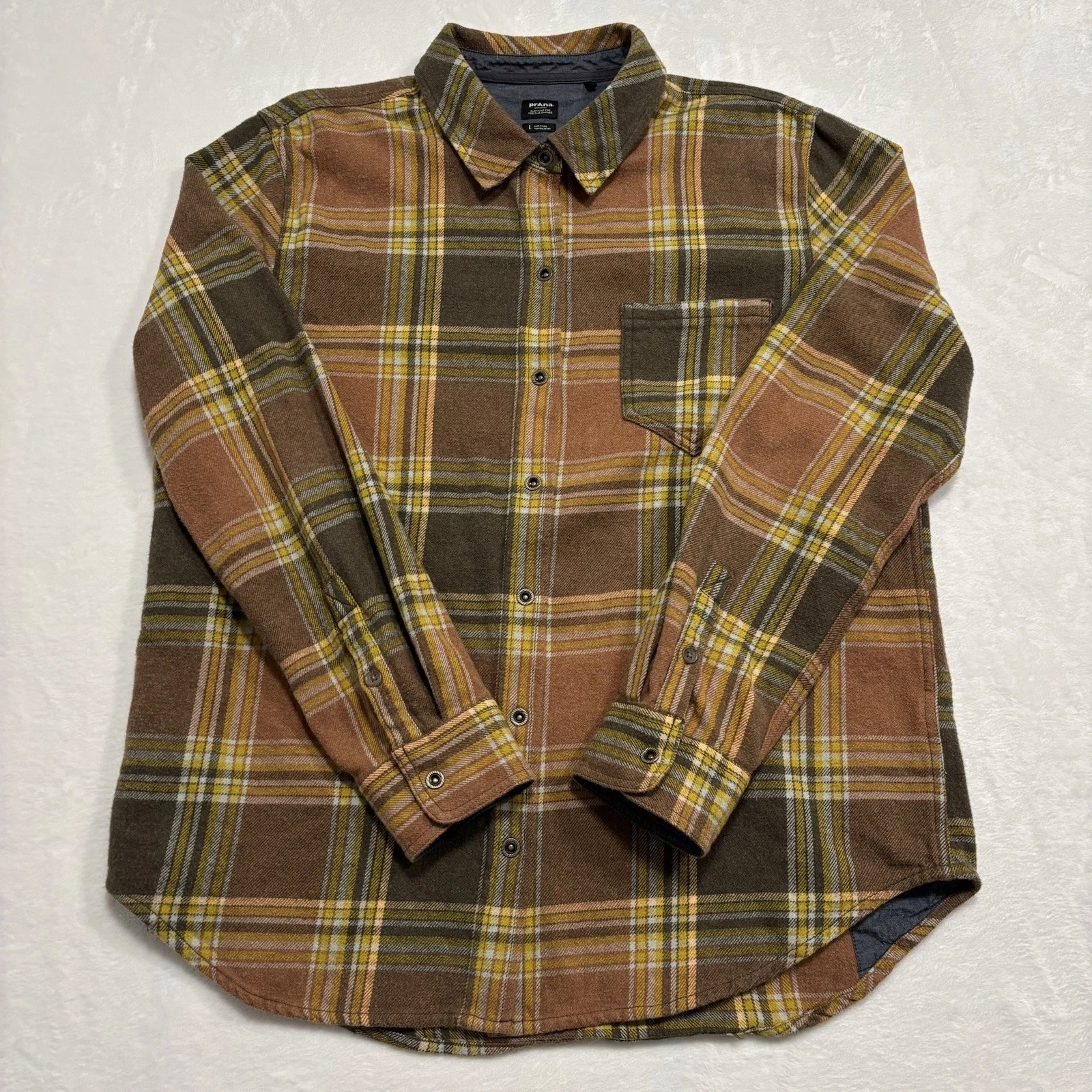 prAna Men's L Plaid Button-Up Shirt Brown Yellow Gray Organic Cotton Long Sleeve