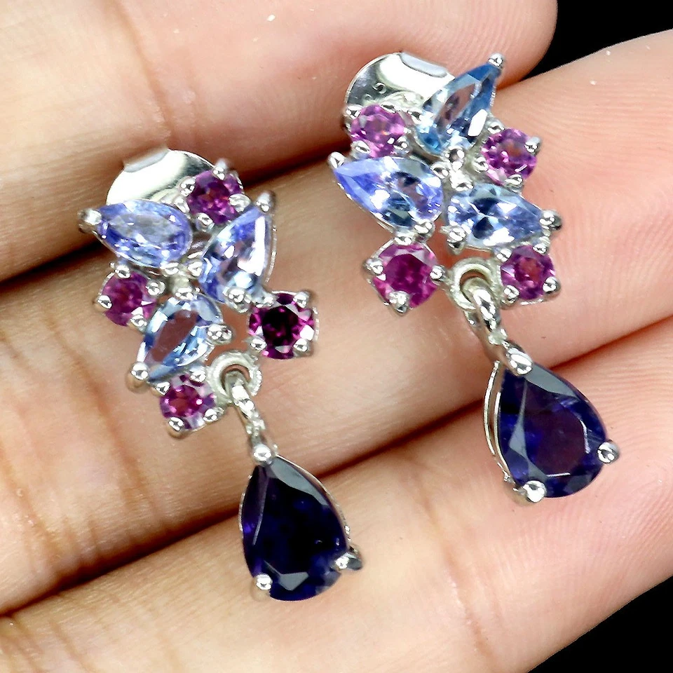 925 Pendientes de Plata Ley Pera Iolita 7x5mm Granate Tanzanita Piedras Joyería - Imagen 2 de 4