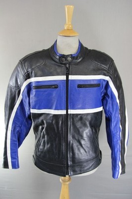 PROTO SCHWARZ, BLAU & WEISS LEDER BIKERJACKE 42 ZOLL BRUST/GROSS