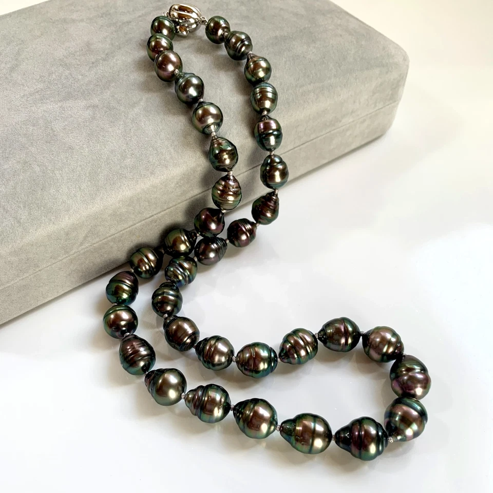 Collana di perle di Tahiti barocche verde-viola 8-11 mm argento sterling Clap... - Immagine 4 di 4