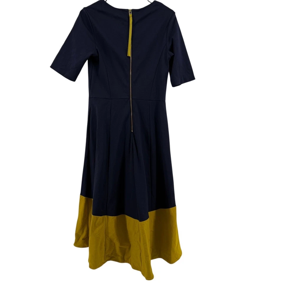Boden Wren Navy Gold Colorblock Hi-Low Midi Dress size 10P Short Sleeve Flare - Image 4 of 4