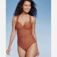 Women's Twist Front Shorted Full Coverage One Piece - Kona Sol Brown S 4-6
