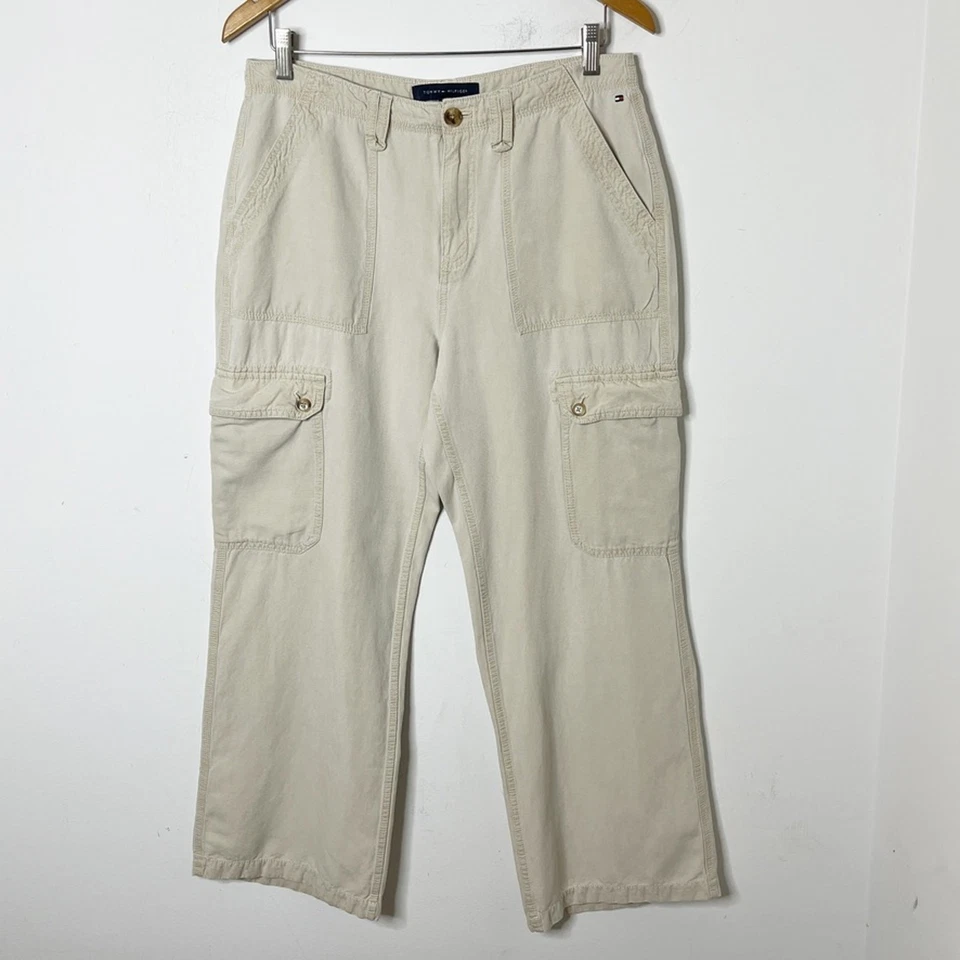 Tommy Hilfiger Mujer Pantalones Carga 8 Caqui Beige Pierna Ancha Chino Tiro Alto Retro Foto 3 de 4