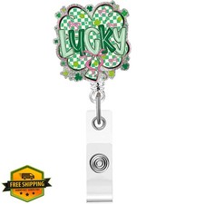 St Patricks Day Badge Reel, Pink Green Checker, Retractable ID Nurse Clip