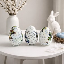 Anwa Glass Glassworks Handmade Poland Glass Easter Eggs White Confetti Set of 3