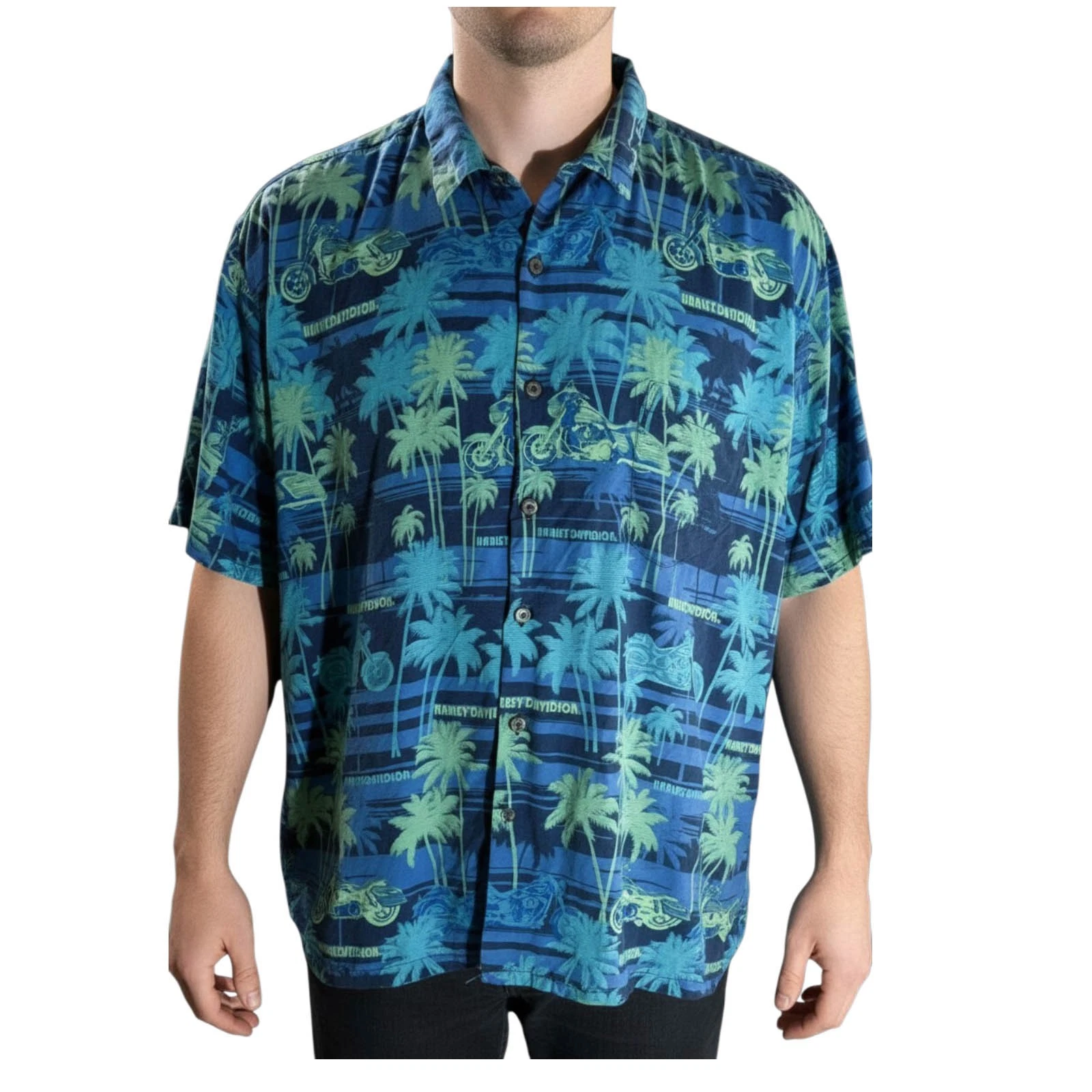 Harley Davidson Hawaiian Shirt 3XL Blue Green Palm Tree Motorcycle Aloha