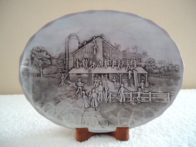 Vtg Wendell August Forge Oval Barn Raising Dish On Wooden Stand '' BEAUTIFUL ITEM