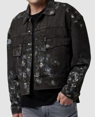 $395 Hudson Men's Brown Paint Splatter Crop Denim Trucker Jacket Size S